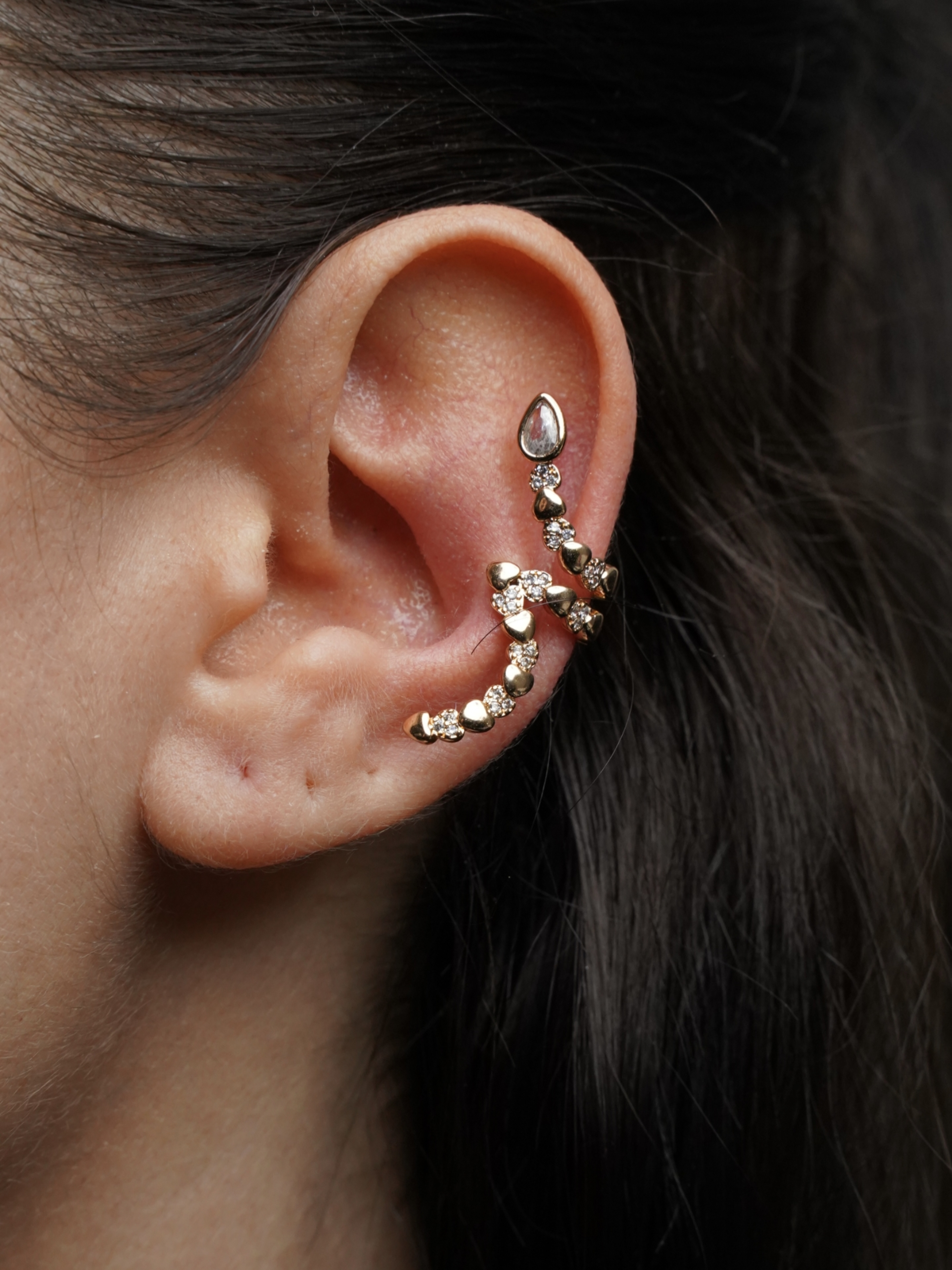 Resim Gold Kalp Desenli Yılan Earcuff Küpe