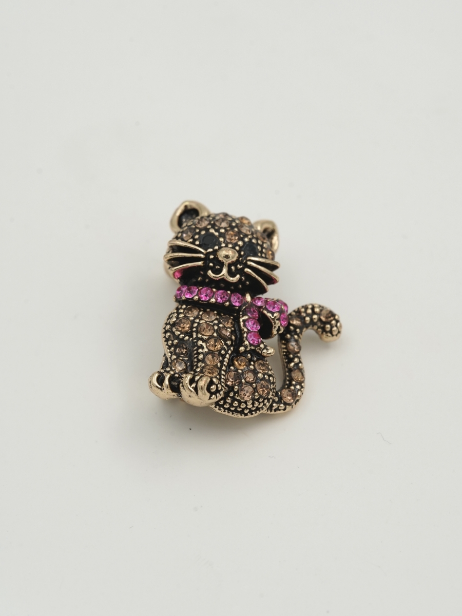 Resim Taşlı Pembe Atkılı Gold Kedi Broş